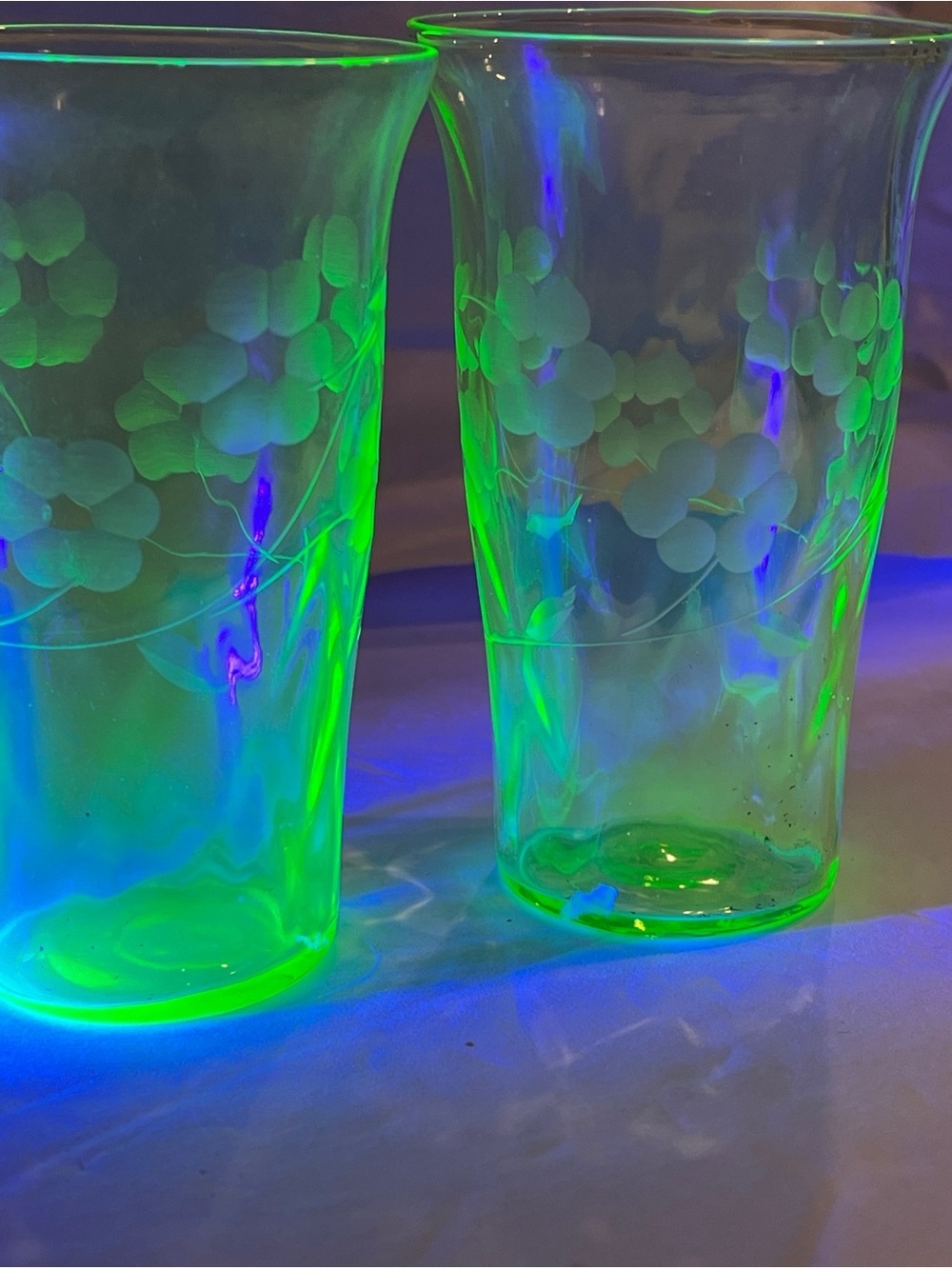 Vintage/Antique Etched Floral Uranium Glass Tumbler Pair in Glowing Green